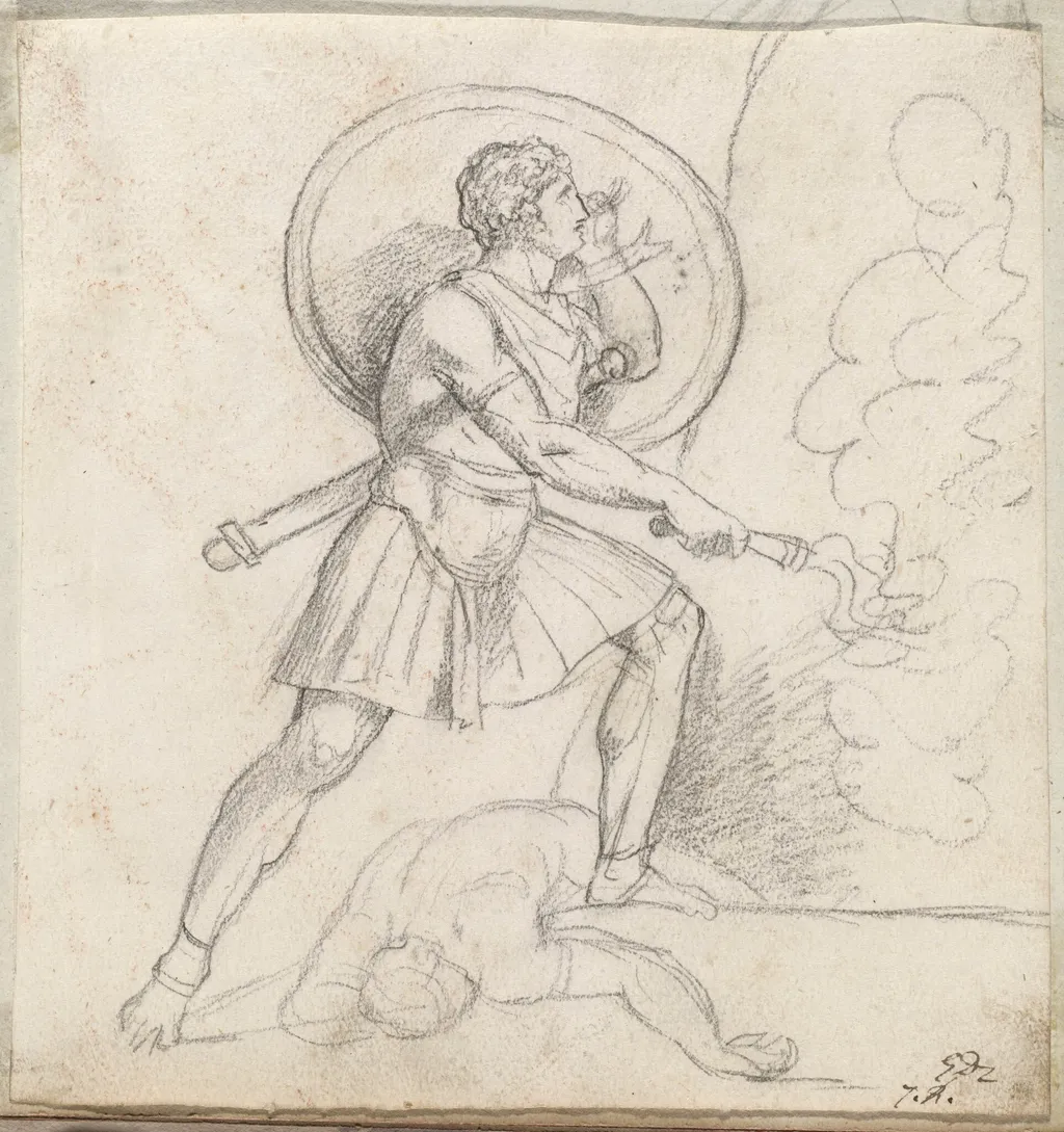 Warrior with a Shield and Torch, by Jacques-Louis David, chalk, 1778