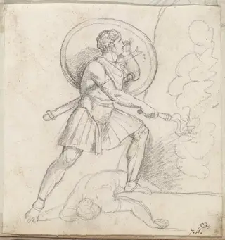 Warrior with a Shield and Torch, by Jacques-Louis David, chalk, 1778