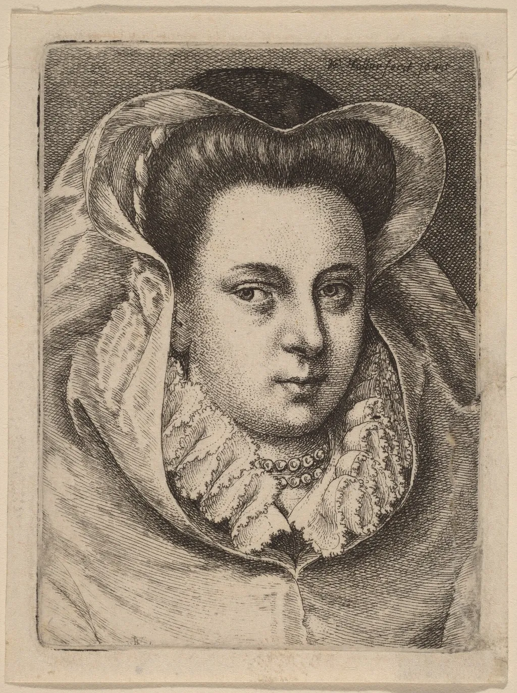 Woman with White Veil and Black Hat (Mary Stuart?), by Wenceslaus Hollar, ink, 1645