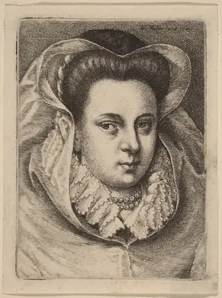 Woman with White Veil and Black Hat (Mary Stuart?), by Wenceslaus Hollar, ink, 1645