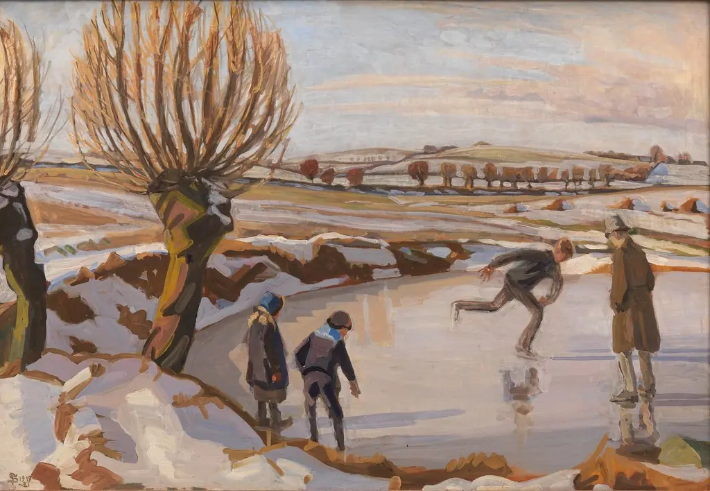 Vinteren er kommet. Landskab med skøjteløbere, by Fritz Syberg, oil, 1920