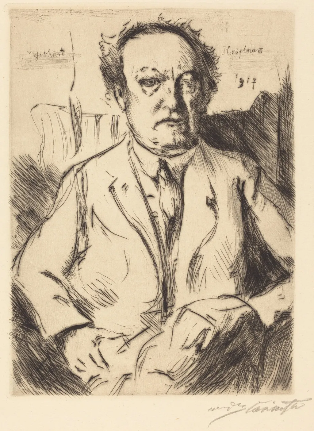 Gerhart Hauptmann, by Lovis Corinth, ink, 1917