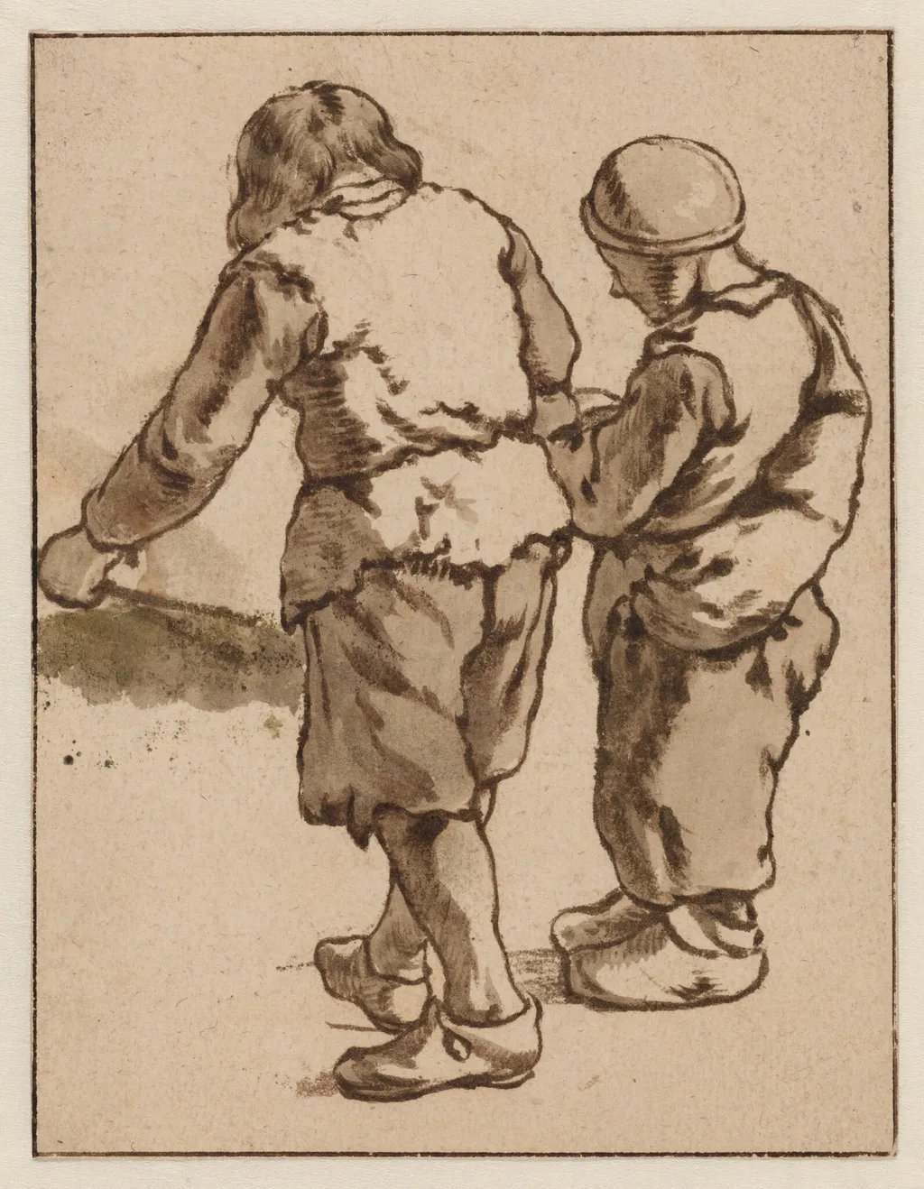Two Boys Standing with Backs Turned, by Karel Dujardin, oil, 1659