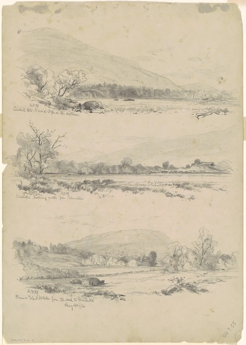 Catskill Mountains, Round-Top in the Distance; Catskills Looking North from Palenville; and Round Top, Catskills, from the Road to Bracketts [verso], by Andrew Fisher Bunner, graphite, 1866