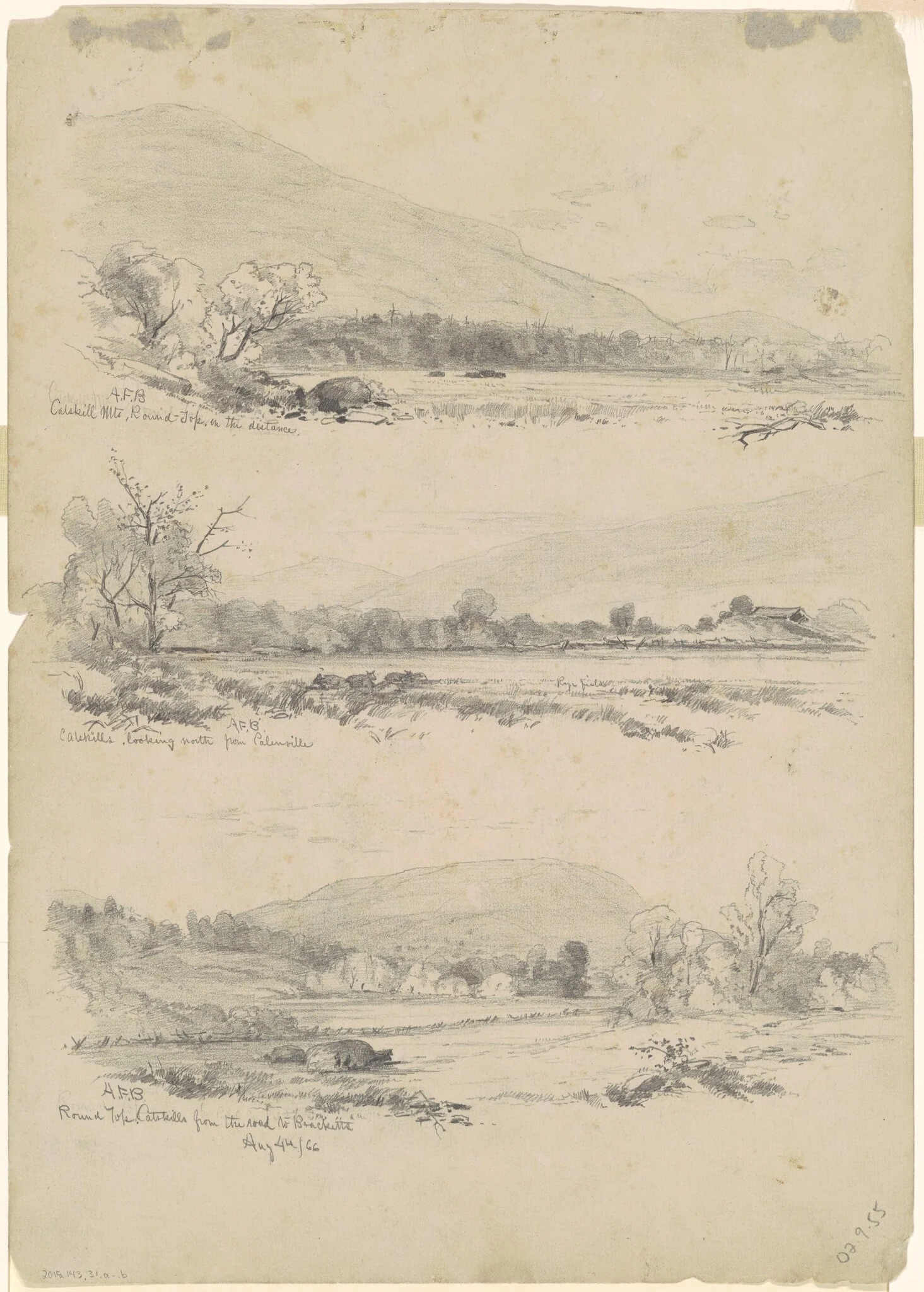 Catskill Mountains, Round-Top in the Distance; Catskills Looking North from Palenville; and Round Top, Catskills, from the Road to Bracketts [verso], detail