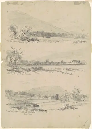Catskill Mountains, Round-Top in the Distance; Catskills Looking North from Palenville; and Round Top, Catskills, from the Road to Bracketts [verso], by Andrew Fisher Bunner, graphite, 1866