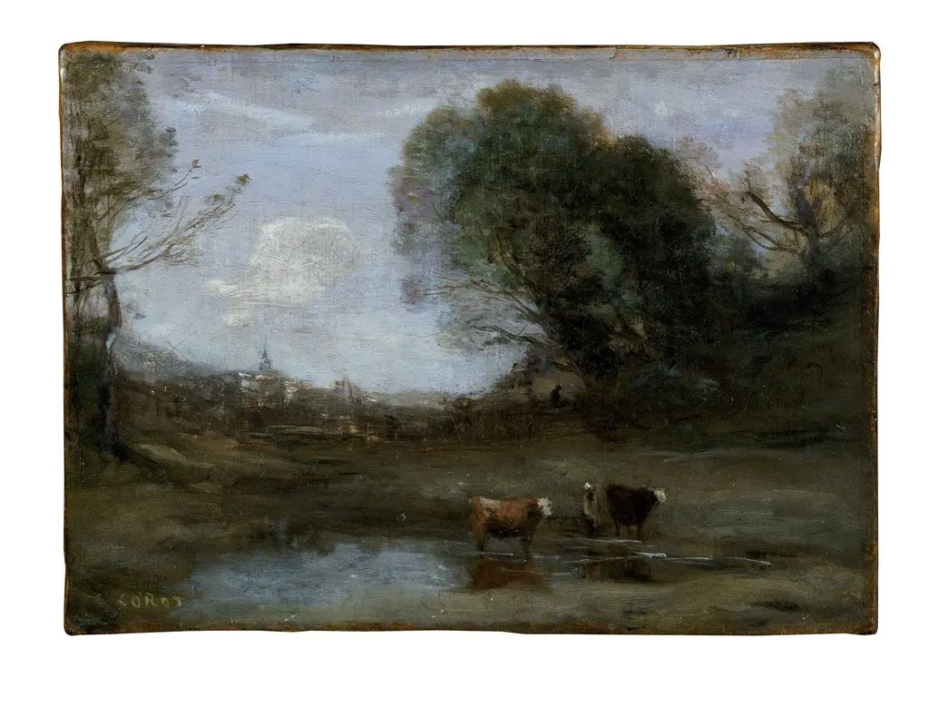 Morning: Landscape with Two Cows and a Figure, by Jean Baptiste Camille Corot, oil, 1858
