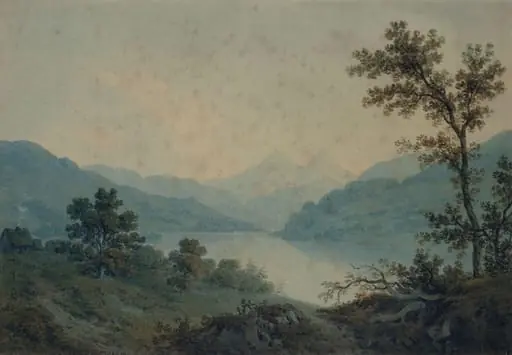 Lake or river scene in the Scottish Highlands, by Hugh William Williams, watercolor, 1802