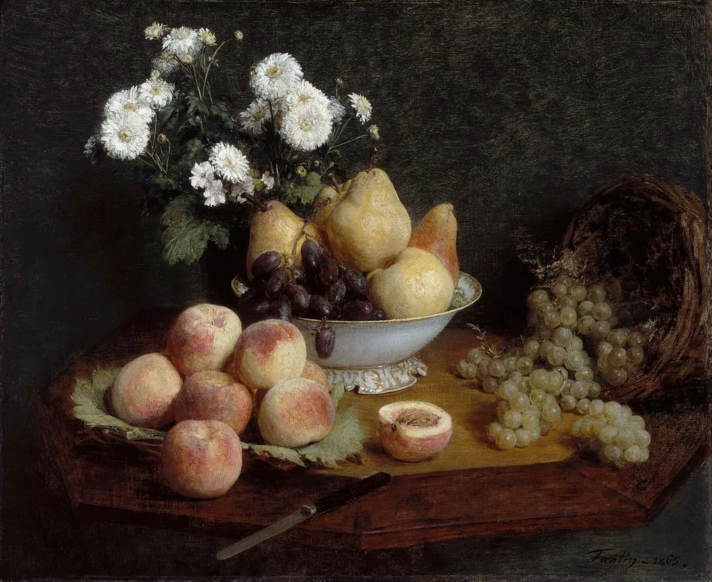 Flowers and Fruit on a Table, by Henri Fantin-Latour, oil, 1865