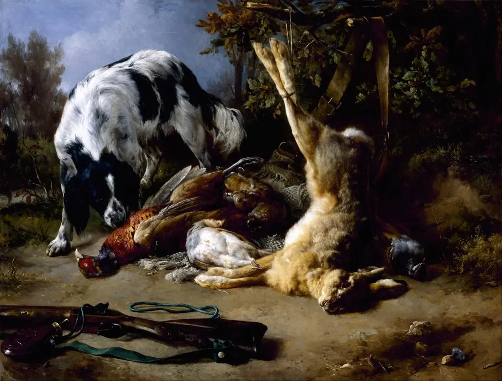 Spaniel with a Still Life of Dead Game, by Jacques Raymond Brascassat, oil, 1837