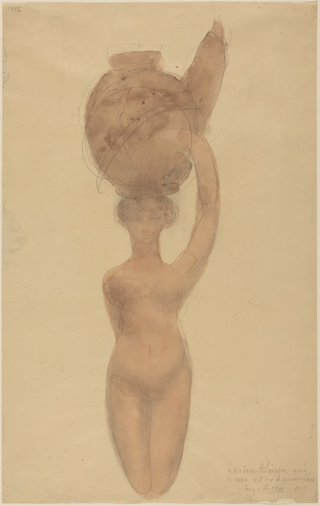 Nude Woman Carrying Vase on Head, detail