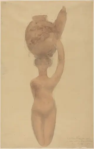 Nude Woman Carrying Vase on Head, by Auguste Rodin, graphite, 1909