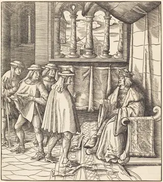 A King on a Throne, before him Four Men, by Leonhard Beck, ink, 1515