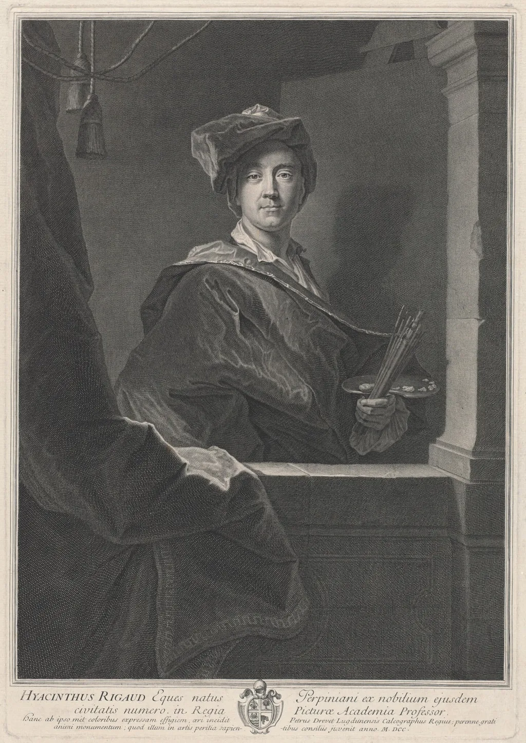 Hyacinthe Rigaud, by Pierre Drevet, ink, 1700