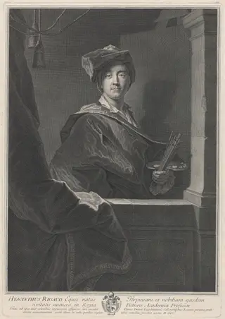 Hyacinthe Rigaud, by Pierre Drevet, ink, 1700