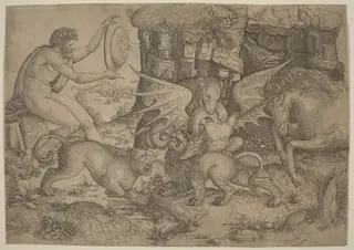 Allegorical Theme: Combat of Animals, by Master of the Beheading of St. John the Baptist, ink, 1518