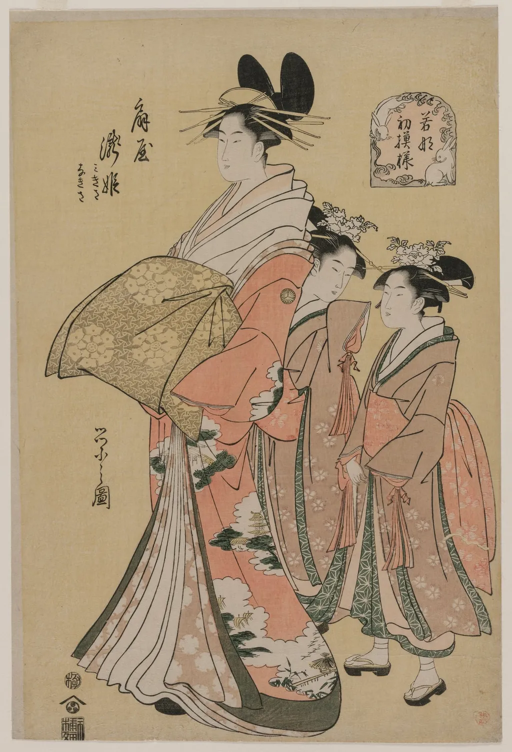 The Courtesan Takihime and Attendants (from the series New Patterns of Young Greens), by Chôbunsai Eishi, 1795
