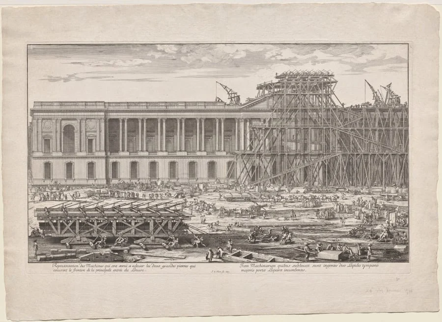 Representation des Machines qui ont servi à eslever les deux grandes pierres qui couvrent le fronton de la principale entrée du Louvre, detail