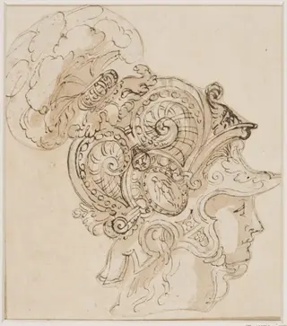 Head of a youth in a plumed helmet, by Girolamo da Carpi, 1550