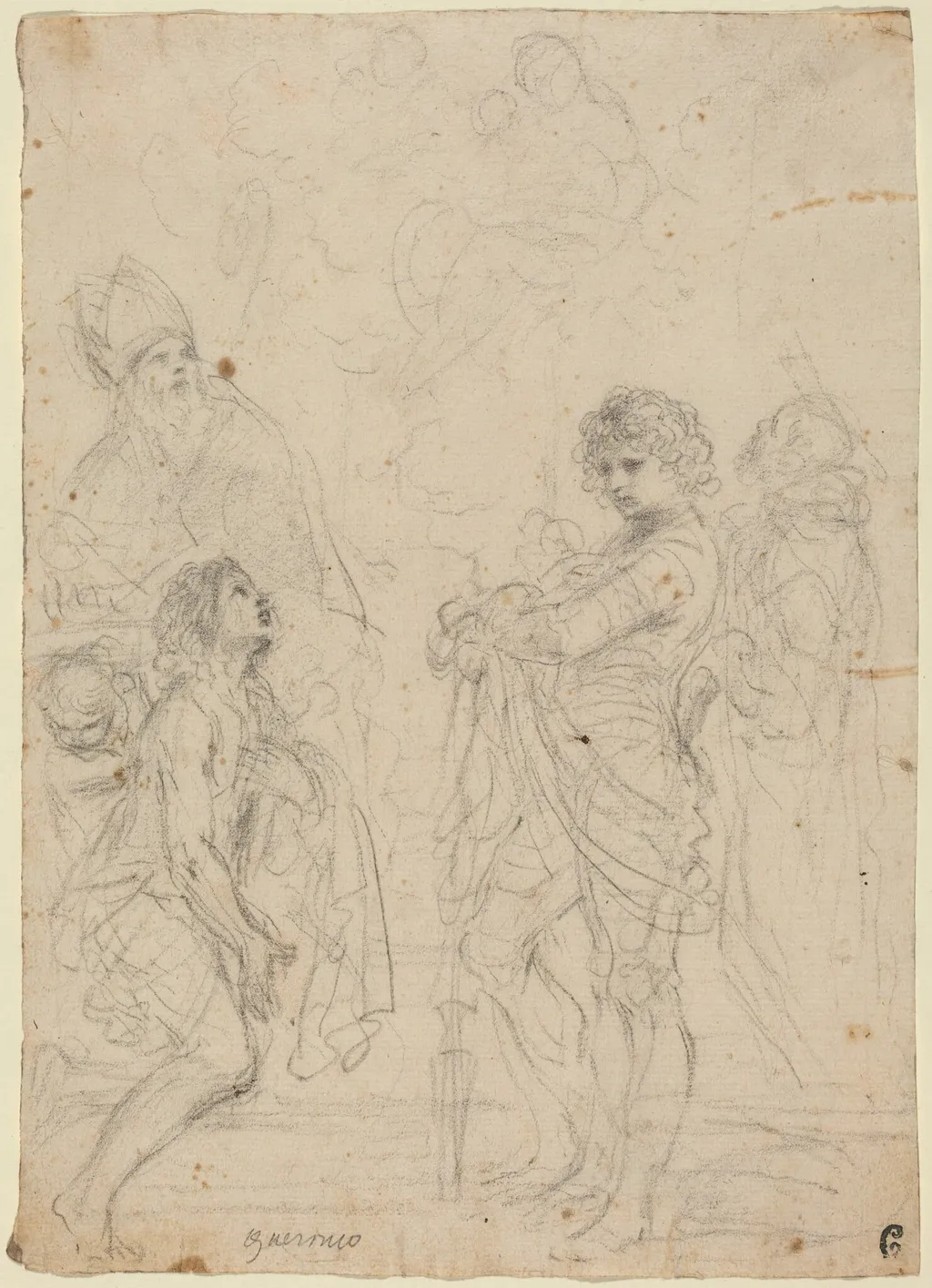 Madonna and Child with Saints Gimignano, John the Baptist, George and Peter Martyr, by Guercino, chalk, 1628