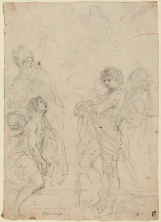 Madonna and Child with Saints Gimignano, John the Baptist, George and Peter Martyr, by Guercino, chalk, 1628