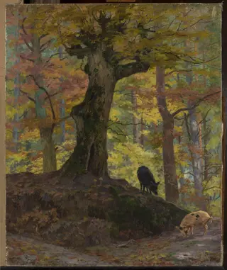 Wild pigs in the forest, by Maria Klass-Kazanowska, oil, 1899