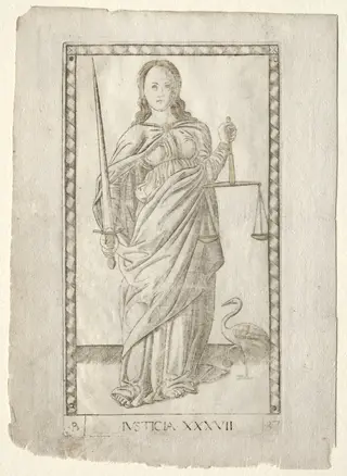 Justice (from the Tarocchi, series B: Cosmic Principles & Virtues, #37), by Master of the E-Series Tarocchi, 1467