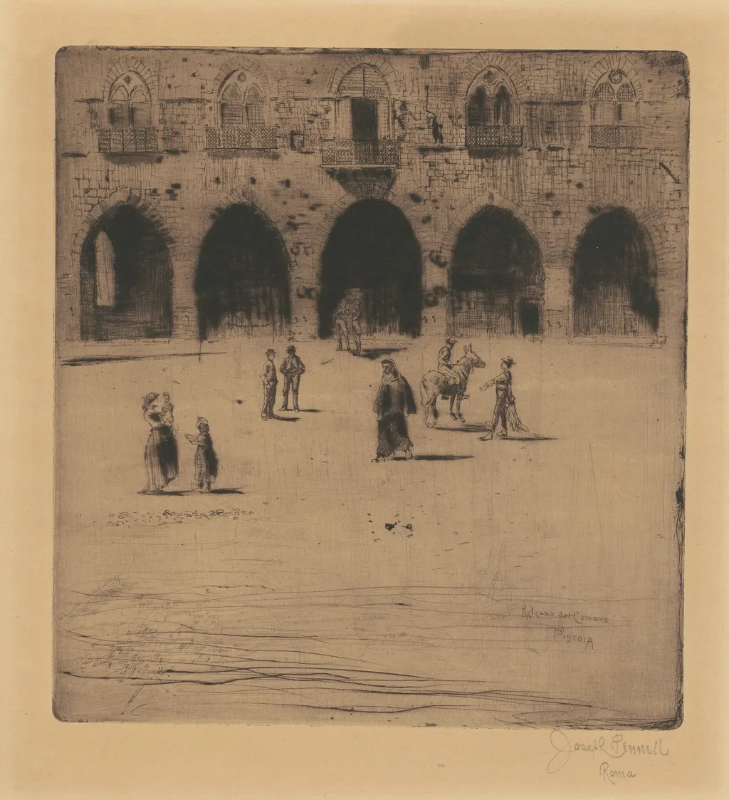 Plazza del Comune, Pistoia, by Joseph Pennell, ink, 1883