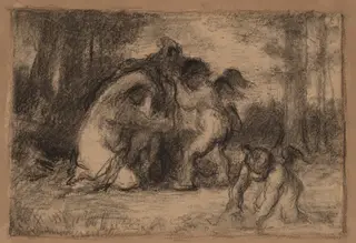 Wooded Landscape with Putti Helping a Woman Undress, by William Perkins Babcock, crayon, 1862