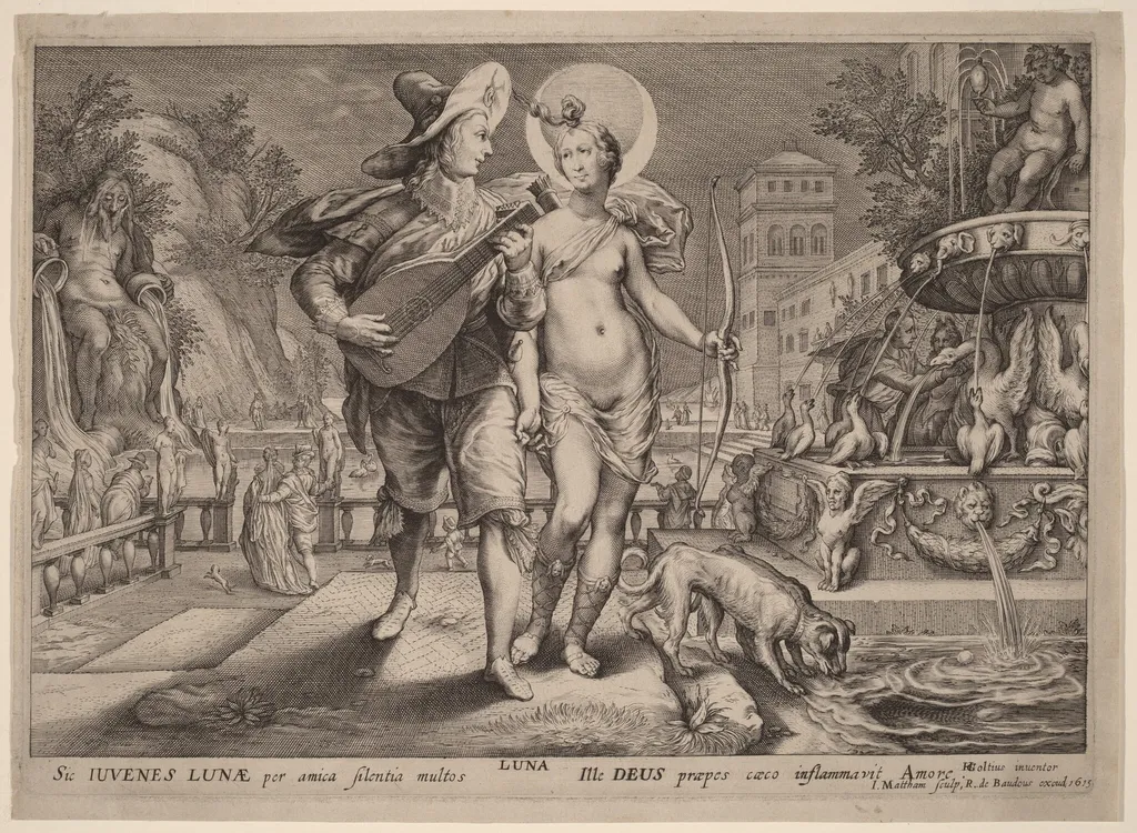 Diana as Luna Accompanying a Young Man Serenading, by Jacob Matham, ink, 1615