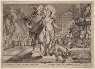 Diana as Luna Accompanying a Young Man Serenading, by Jacob Matham, ink, 1615