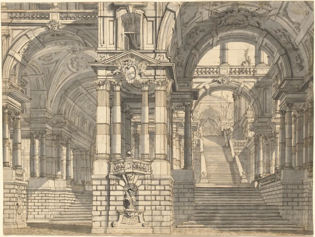 Fantasy of Magnificent Courtyards and Loggie with a Monumental Staircase, by Pietro Gonzaga, ink, 1774