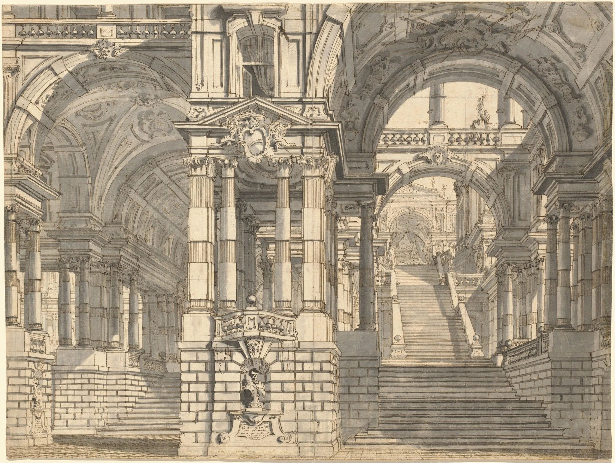 Fantasy of Magnificent Courtyards and Loggie with a Monumental Staircase, detail