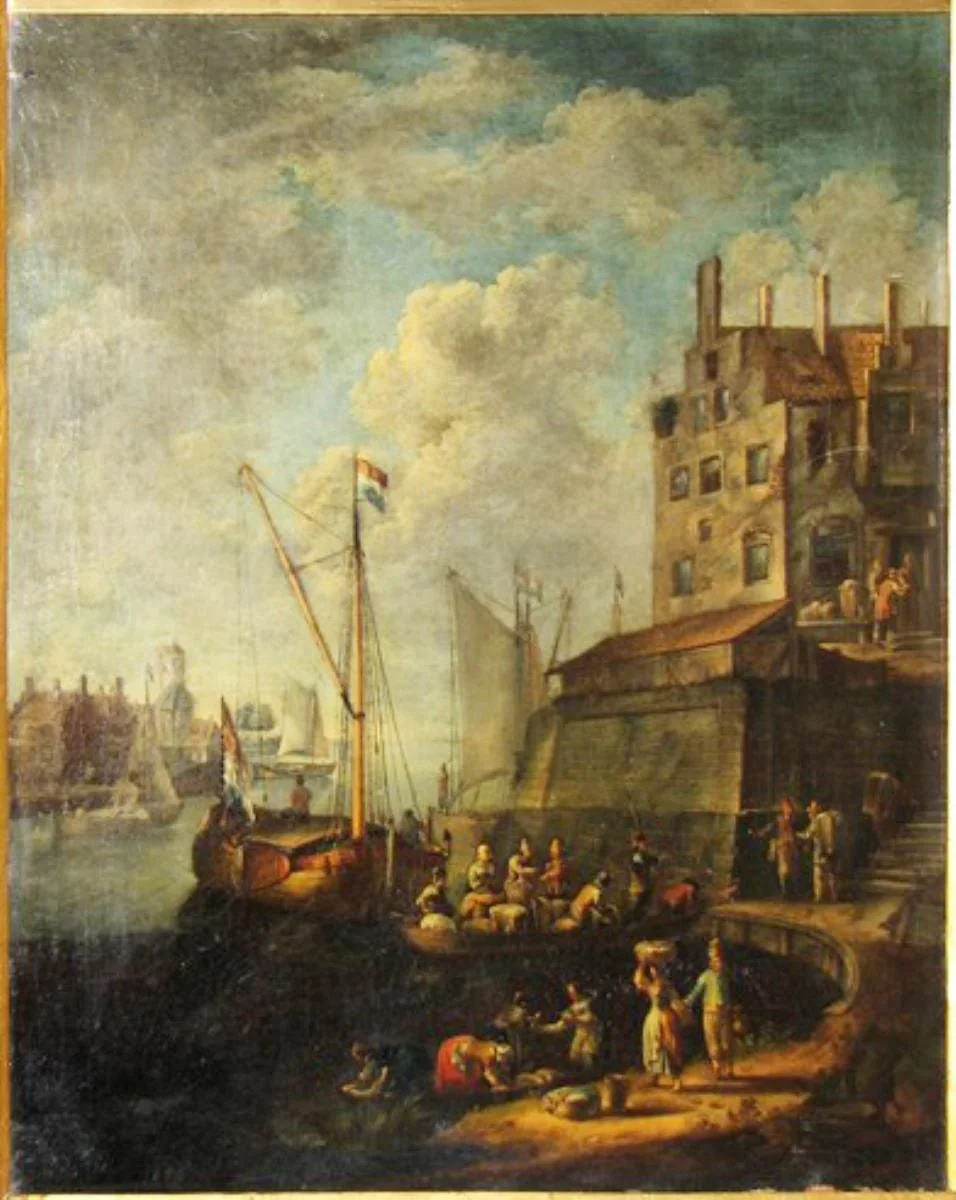 Port și clădiri; pandant: Peisaj marin cu clădiri, detail