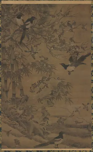 A Hundred Birds and the Three Friends, by Bian Jingzhao, unspecified, 1414