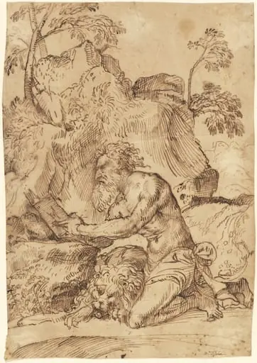 Saint Jerome Reading in the Wilderness, by Domenico Campagnola, ink, 1522