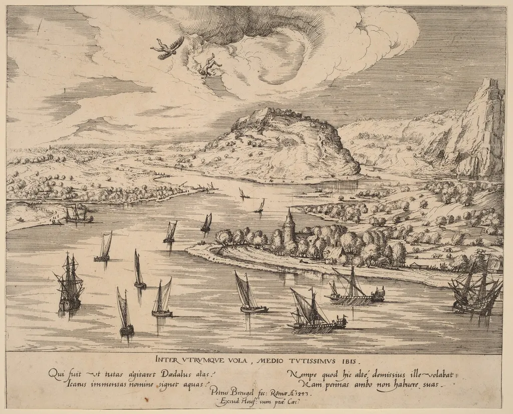 River Landscape with the Fall of Icarus, by Simon Novellanus, ink, 1595