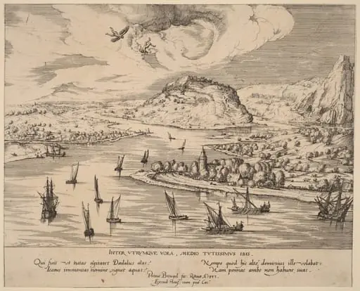River Landscape with the Fall of Icarus, by Simon Novellanus, ink, 1595