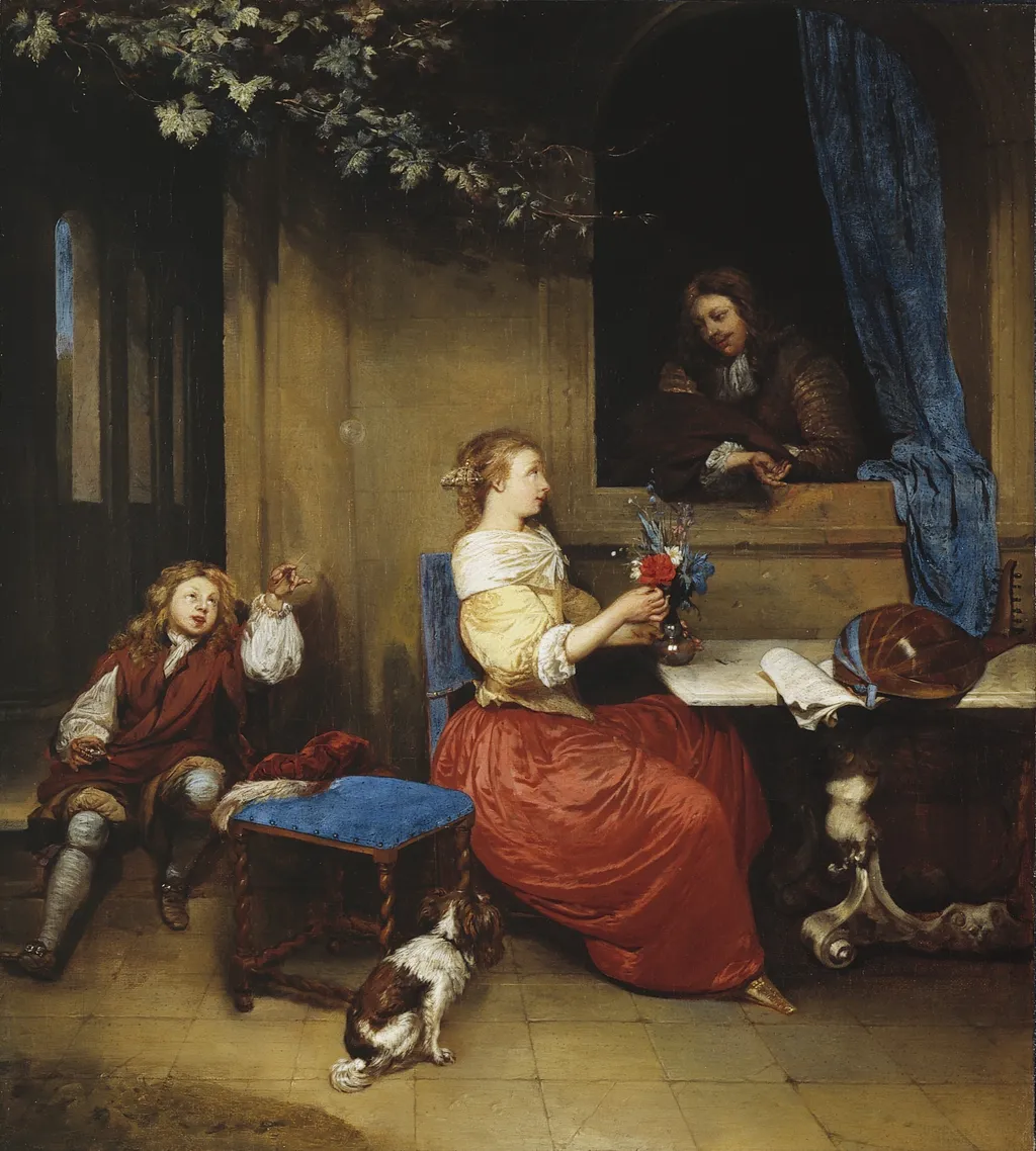 Courtship, by Caspar Netscher, oil, 1665