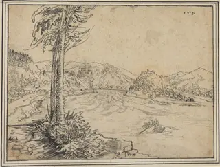 The Rapids of the Danube near Grein, by Wolf Huber, ink, 1531