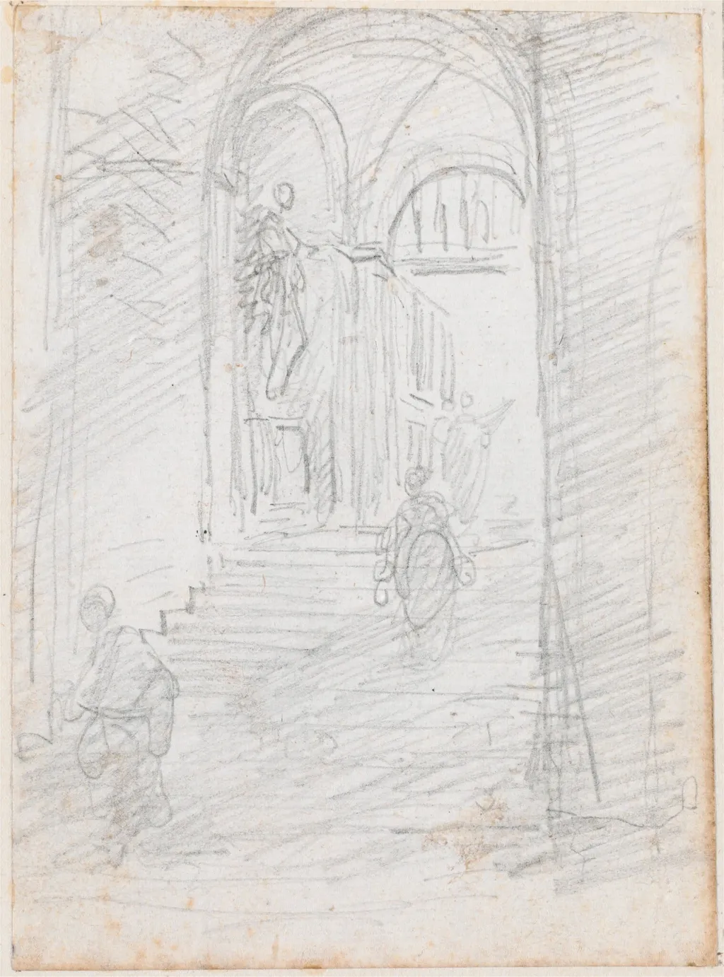 Figures on a Monumental Interior Stairway [recto], by Hubert Robert, graphite, 1760