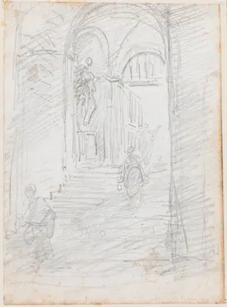 Figures on a Monumental Interior Stairway [recto], by Hubert Robert, graphite, 1760