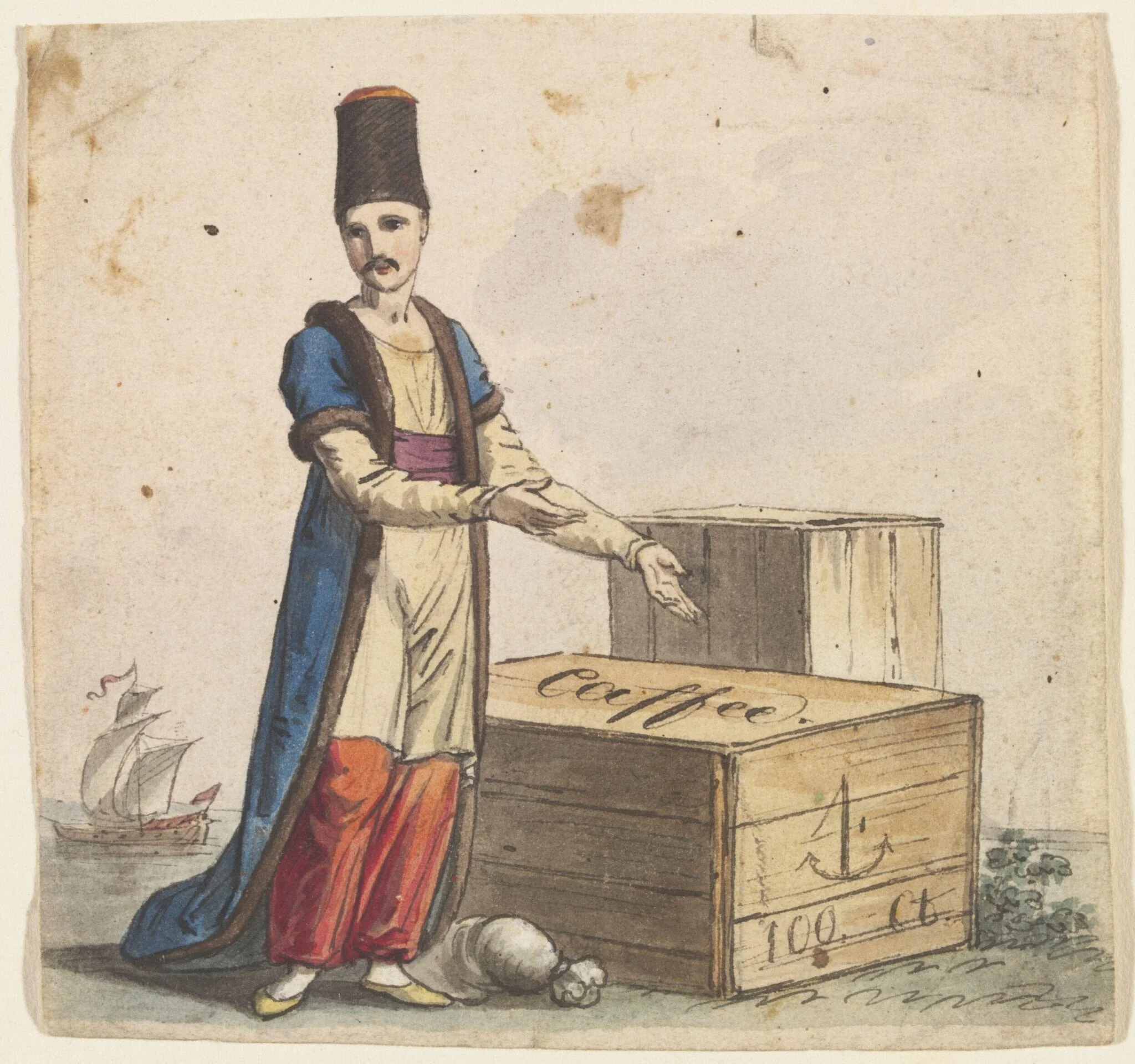 Figure of a Merchant with a crate marked caffee, detail