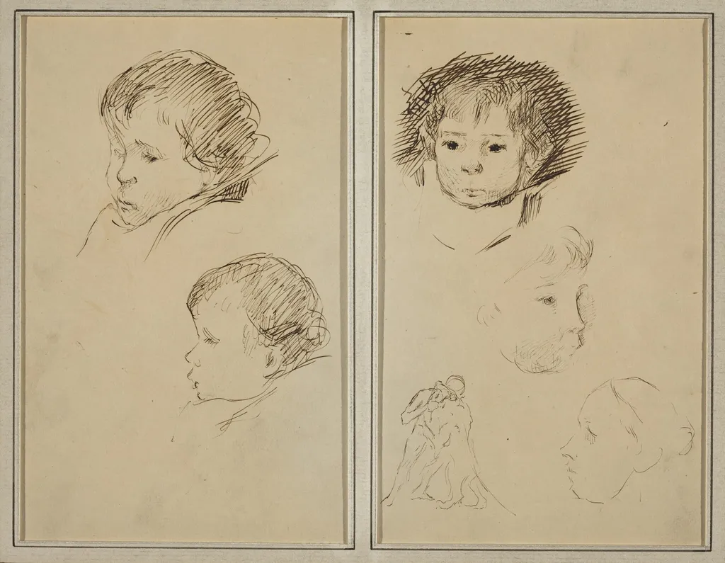Two Studies of a Child's Head; Two Studies of a Child's Head, a Woman in Profile, and a Man Wrestling an Animal [recto], by Paul Gauguin, ink, 1886