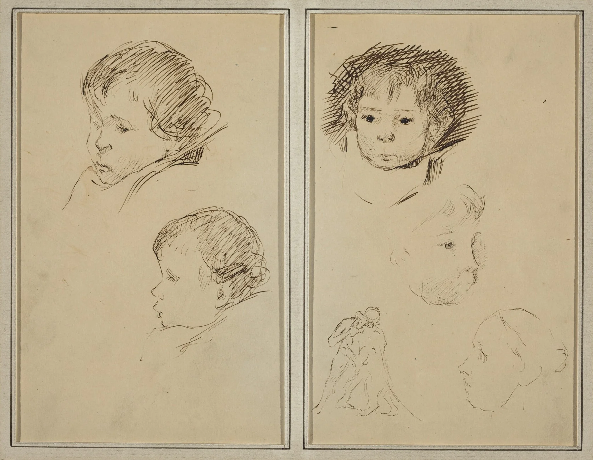 Two Studies of a Child's Head; Two Studies of a Child's Head, a Woman in Profile, and a Man Wrestling an Animal [recto], detail