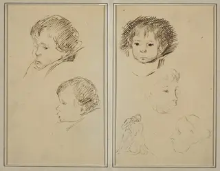 Two Studies of a Child's Head; Two Studies of a Child's Head, a Woman in Profile, and a Man Wrestling an Animal [recto], by Paul Gauguin, ink, 1886