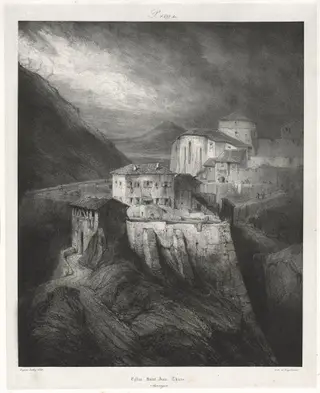 Picturesque and Romantic Journeys in Old France: Auvergne (vol. II): St. John Church, Thiers, Plate 129, by Eugène Isabey, 1831