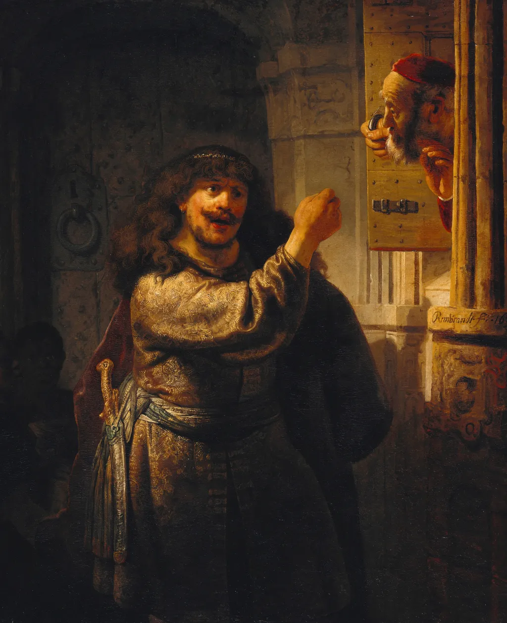 Samson threatens his father-in-law, by Rembrandt van Rijn, oil, 1635