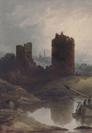 Irish Landscape with River and Castle: Evening, by Alfred Nicholson, watercolor, 1816