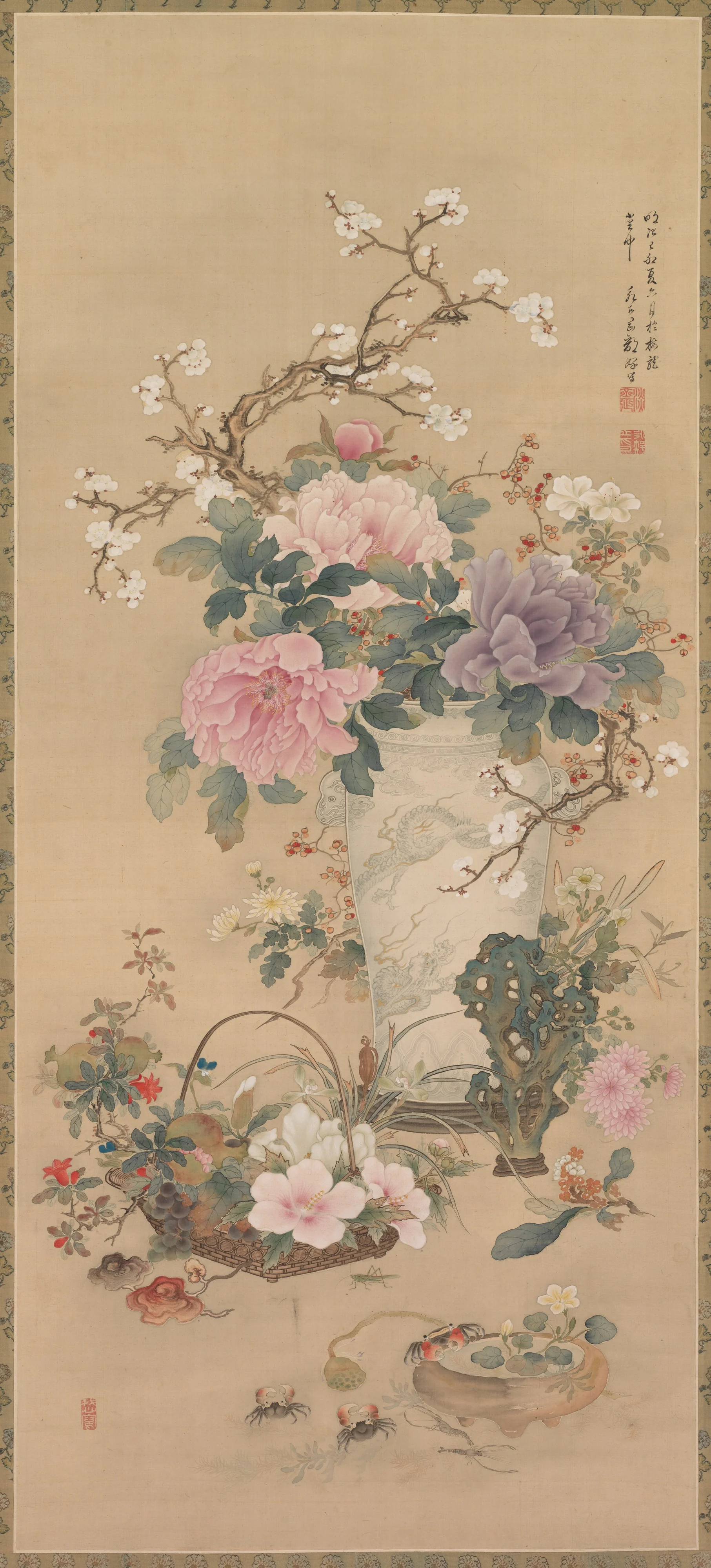 Vase of Flowers with Grasshopper, Marine Life, and Garden Rock, detail